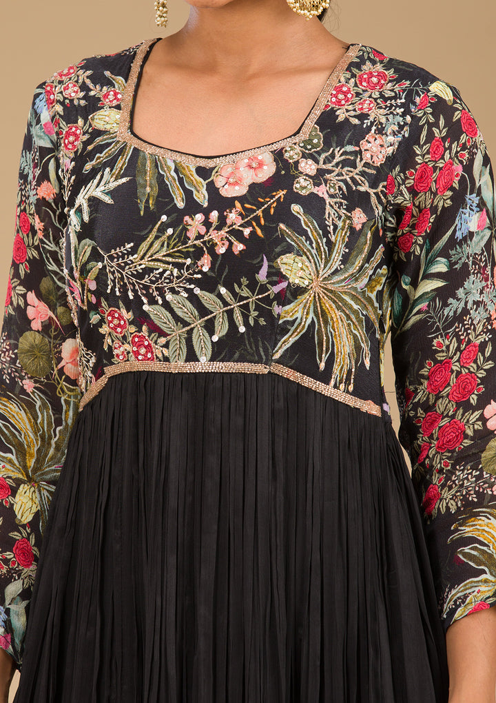 Black Crepe Floral Threadwork Anarkali Kurta With Regular Pant And Dupatta