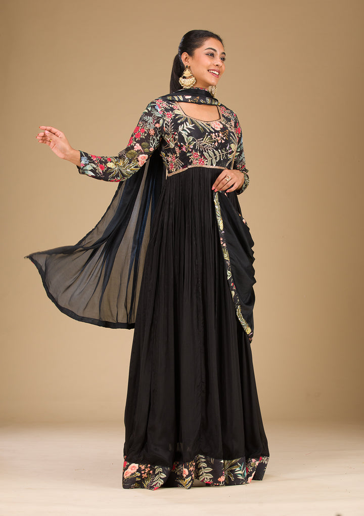 Black Crepe Floral Threadwork Anarkali Kurta With Regular Pant And Dupatta
