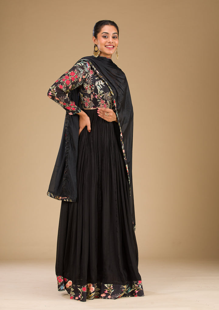 Black Crepe Floral Threadwork Anarkali Kurta With Regular Pant And Dupatta