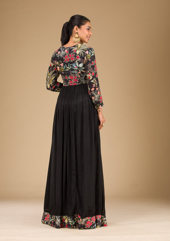 Black Crepe Floral Threadwork Anarkali Kurta With Regular Pant And Dupatta