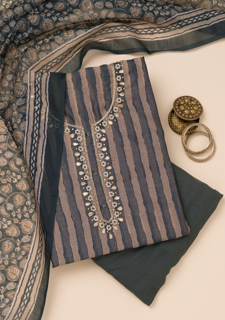 Peacock Blue Multi Tissue Leheria Silver Stonework Unstitched Dress Material With Matching Bottom And Dupatta