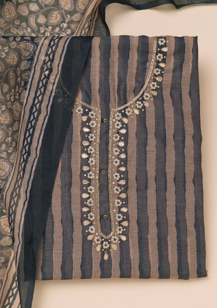 Peacock Blue Multi Tissue Leheria Silver Stonework Unstitched Dress Material With Matching Bottom And Dupatta