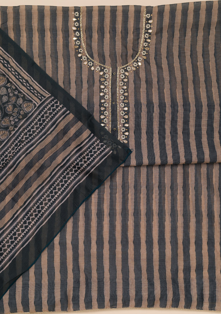 Peacock Blue Multi Tissue Leheria Silver Stonework Unstitched Dress Material With Matching Bottom And Dupatta