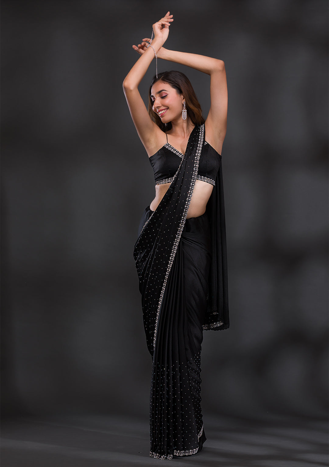 Black Satin Silver Stonework Saree With Matching Blouse Piece