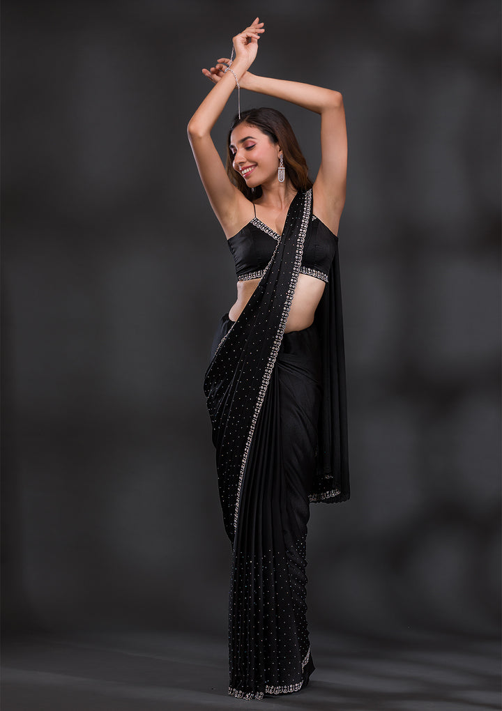 Black Satin Silver Stonework Saree With Matching Blouse Piece
