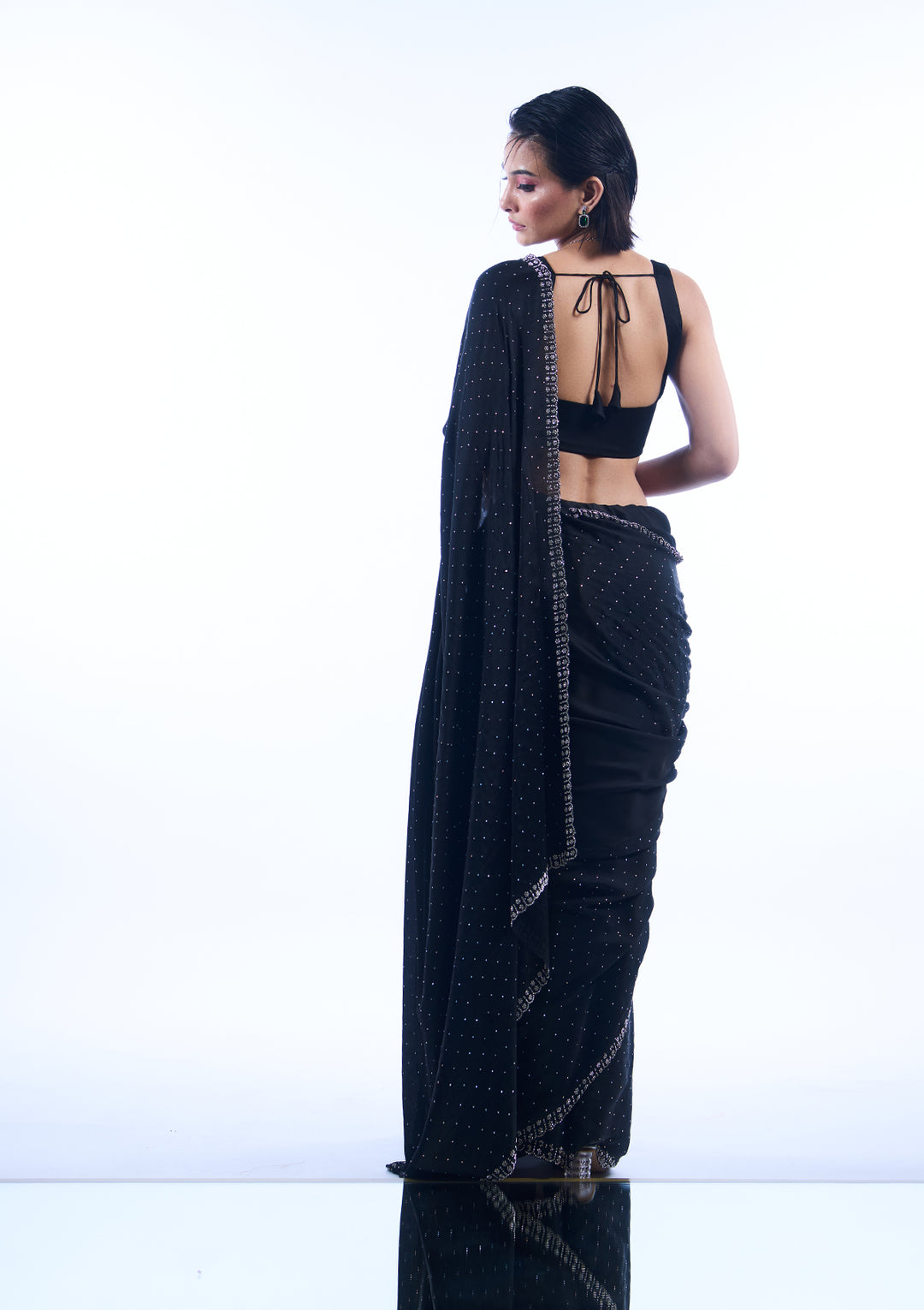 Black Satin Silver Stonework Saree With Matching Blouse Piece