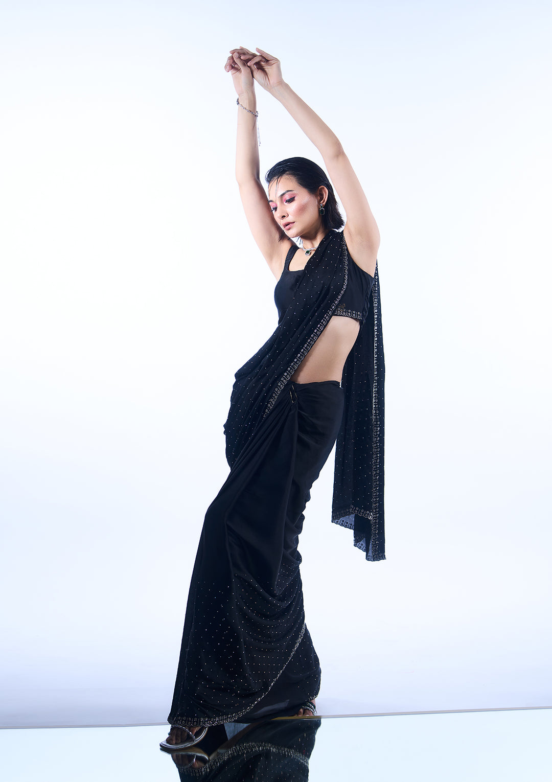Black Satin Silver Stonework Saree With Matching Blouse Piece