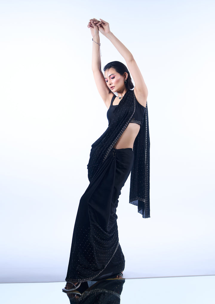 Black Satin Silver Stonework Saree With Matching Blouse Piece