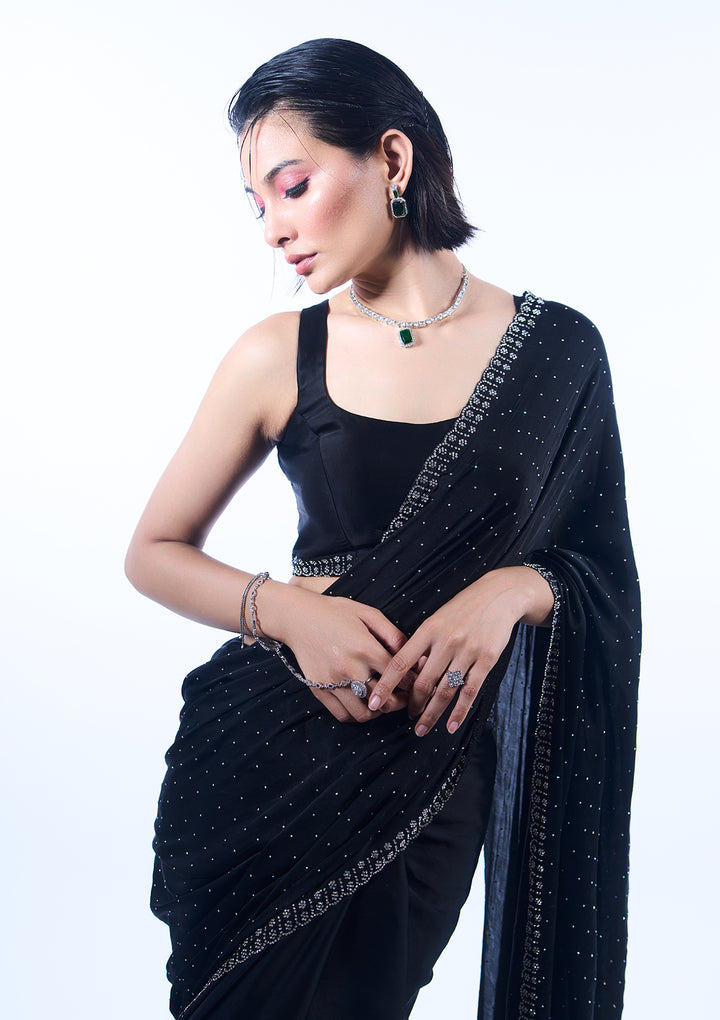 Black Satin Silver Stonework Saree With Matching Blouse Piece
