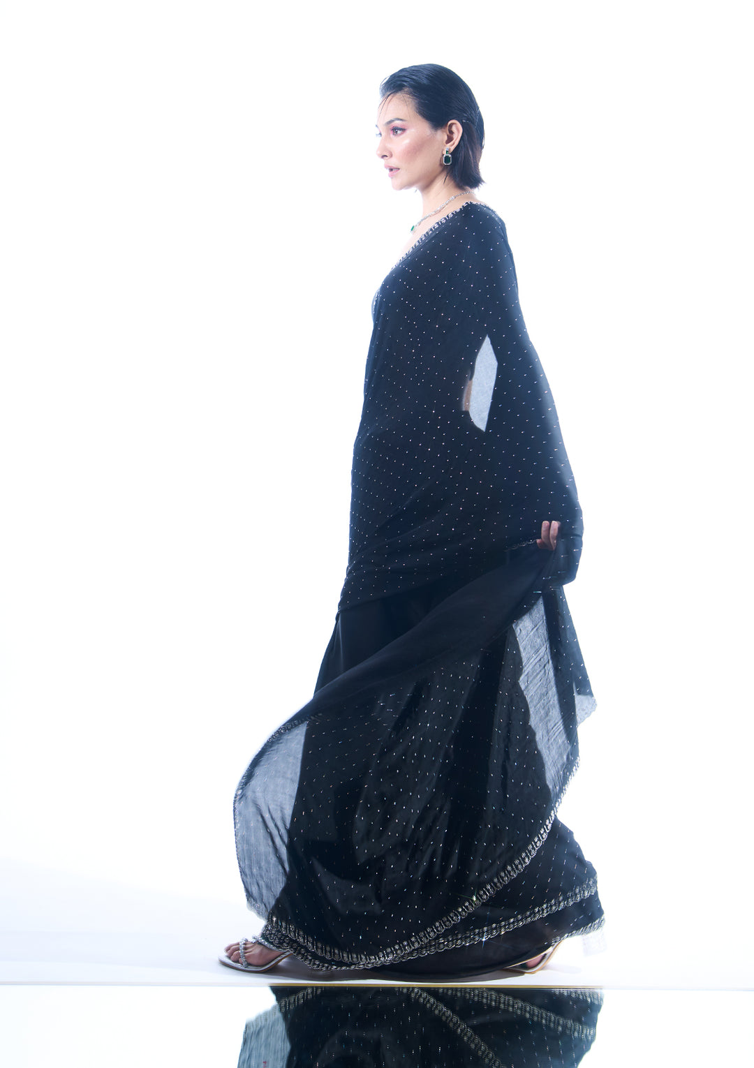 Black Satin Silver Stonework Saree With Matching Blouse Piece
