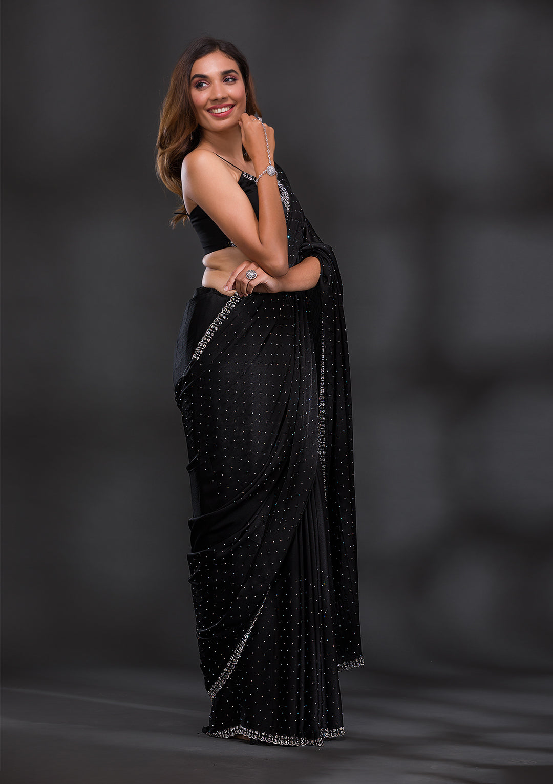 Black Satin Silver Stonework Saree With Matching Blouse Piece
