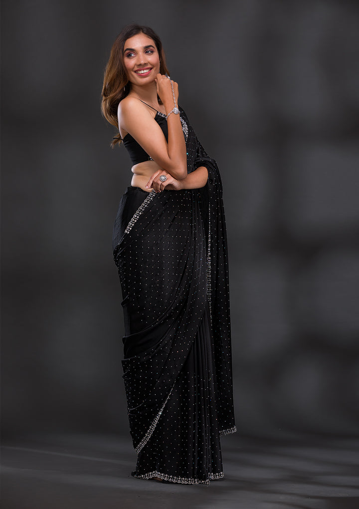 Black Satin Silver Stonework Saree With Matching Blouse Piece