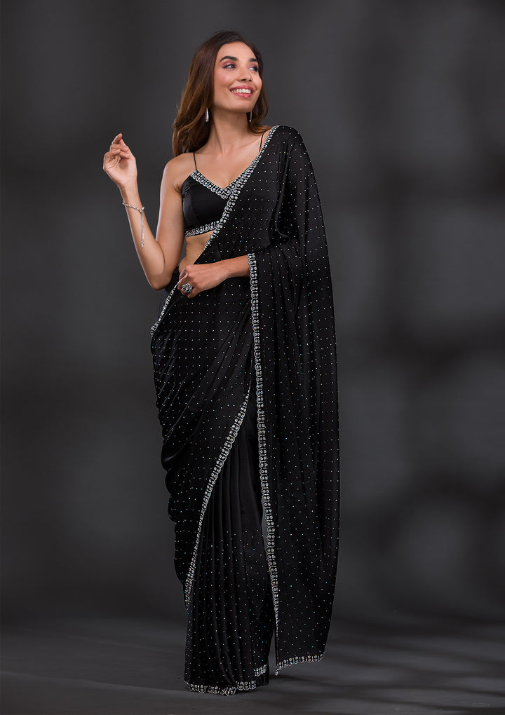 Black Satin Silver Stonework Saree With Matching Blouse Piece