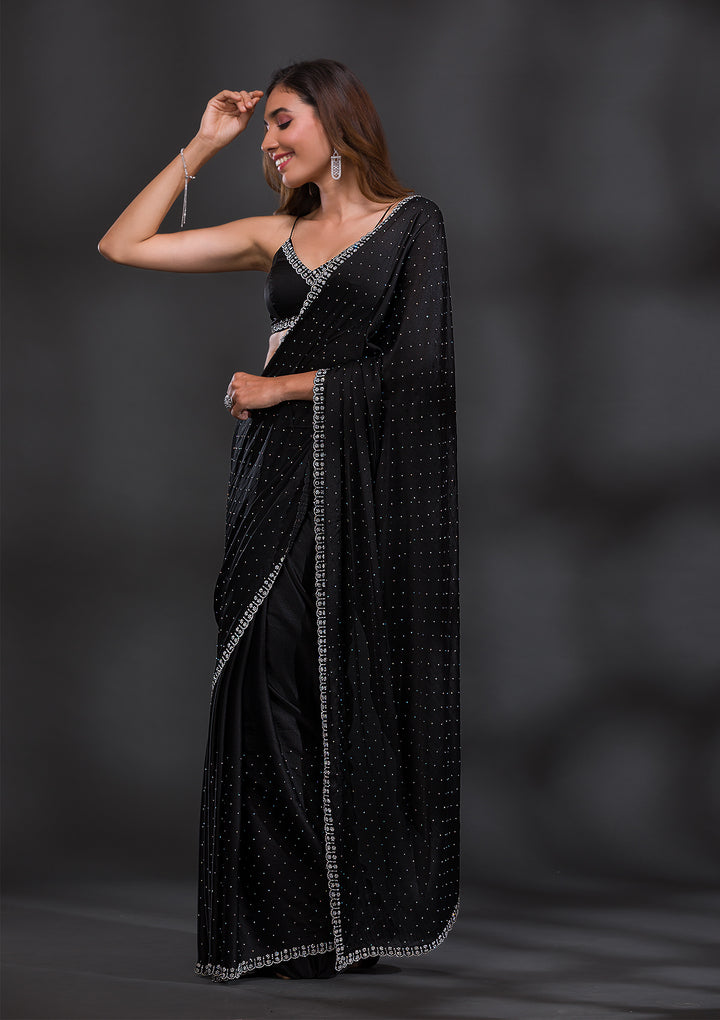 Black Satin Silver Stonework Saree With Matching Blouse Piece