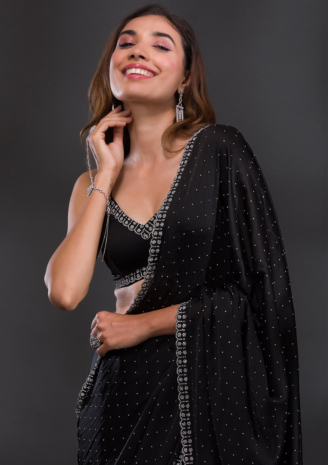 Black Satin Silver Stonework Saree With Matching Blouse Piece