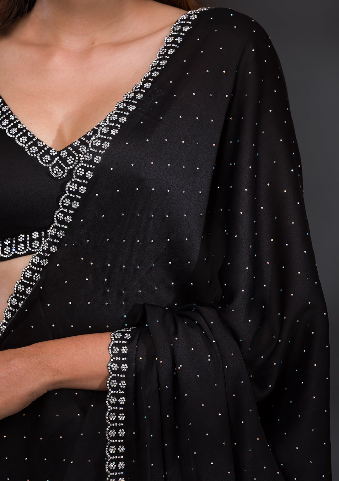 Black Satin Silver Stonework Saree With Matching Blouse Piece
