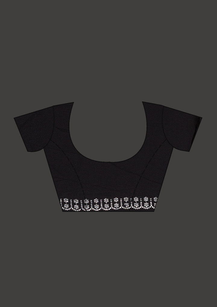 Black Satin Silver Stonework Saree With Matching Blouse Piece
