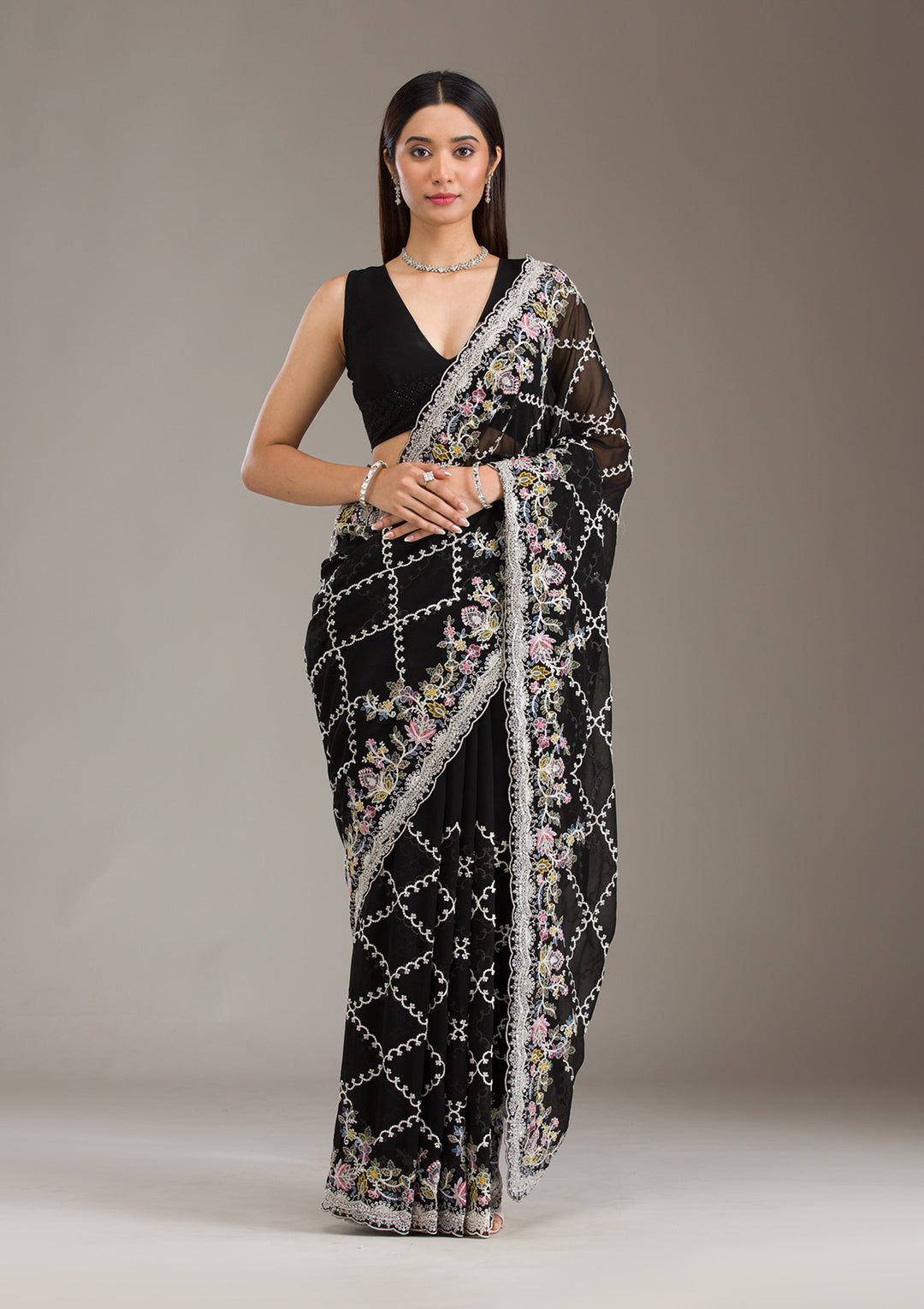 Black Tissue Threadwork Saree With Matching Blouse Piece