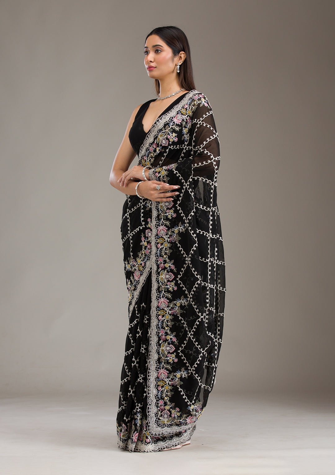Black Tissue Threadwork Saree With Matching Blouse Piece
