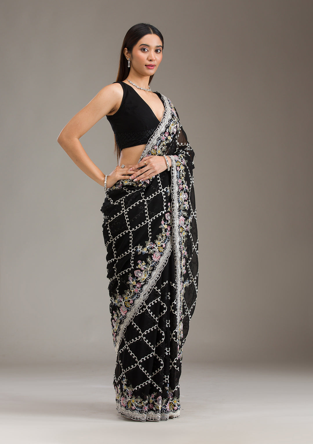 Black Tissue Threadwork Saree With Matching Blouse Piece