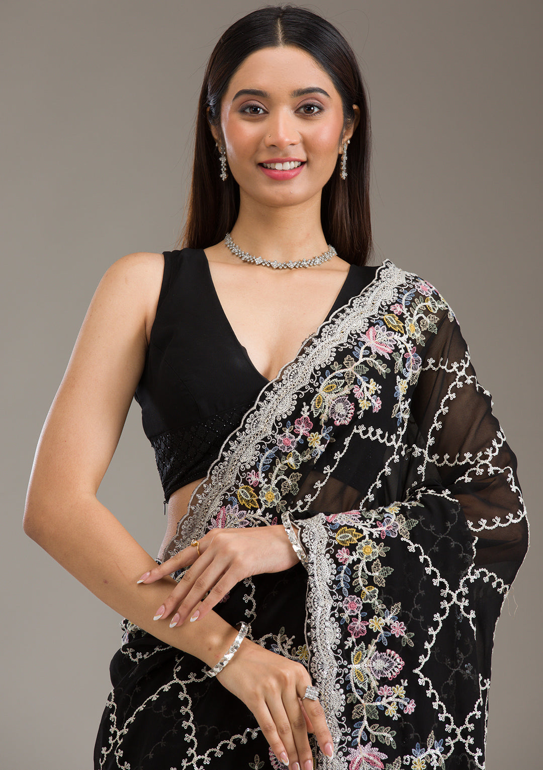 Black Tissue Threadwork Saree With Matching Blouse Piece