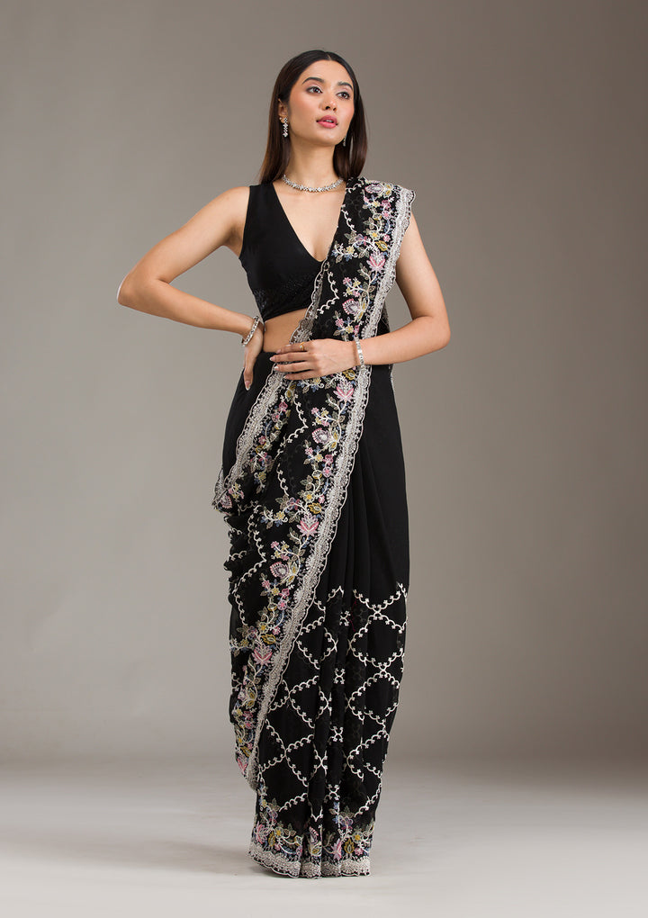 Black Tissue Threadwork Saree With Matching Blouse Piece