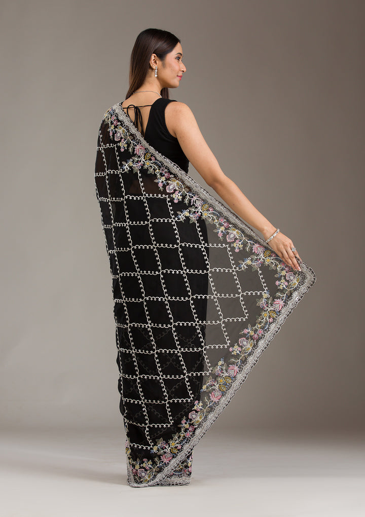 Black Tissue Threadwork Saree With Matching Blouse Piece
