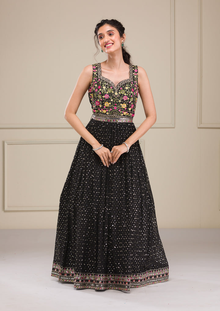 Black Threadwork Georgette Gown