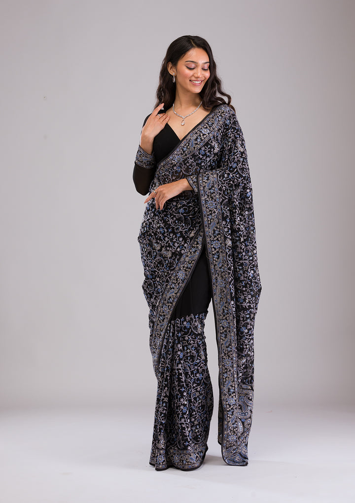 Black Threadwork Georgette Saree