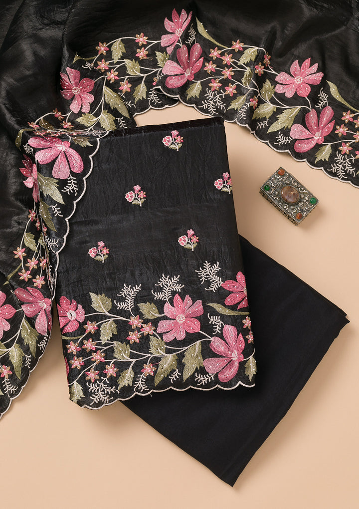 Koskii Black Georgette Salwar Suit – Unstitched with Vibrant Threadwork