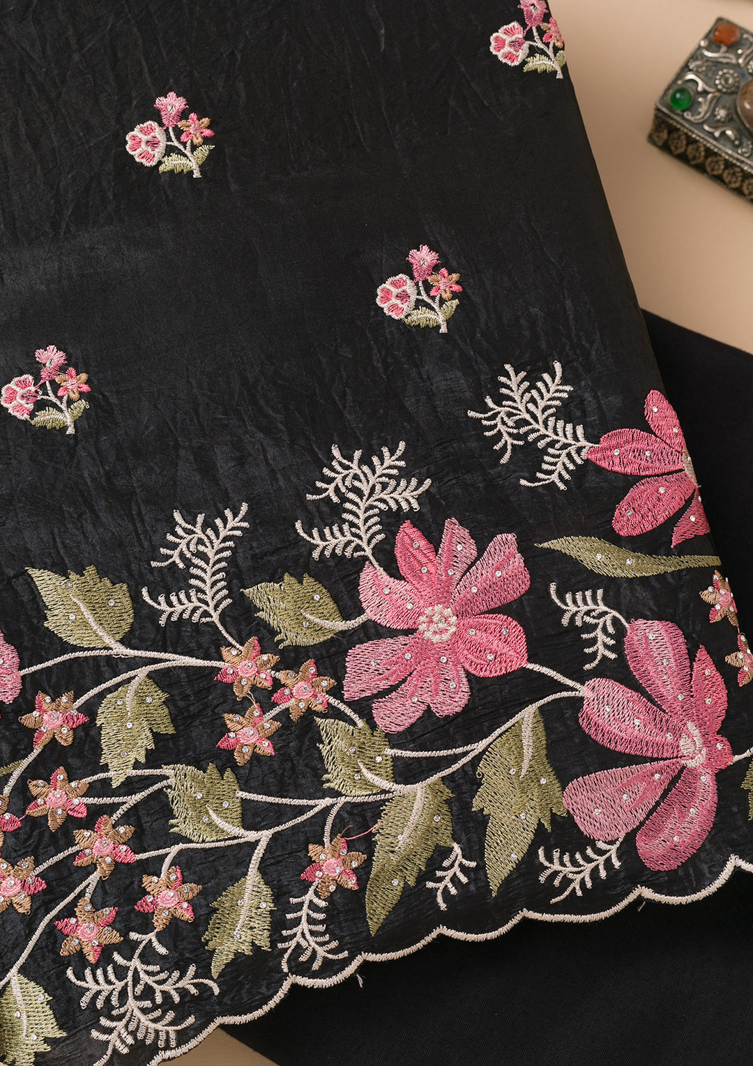 Koskii Black Georgette Salwar Suit – Unstitched with Vibrant Threadwork