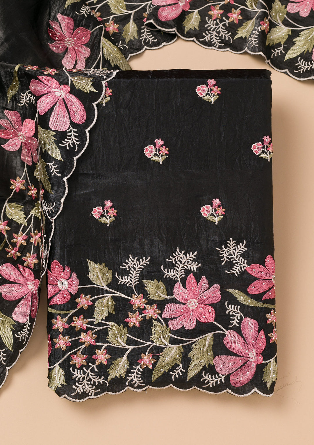 Koskii Black Georgette Salwar Suit – Unstitched with Vibrant Threadwork