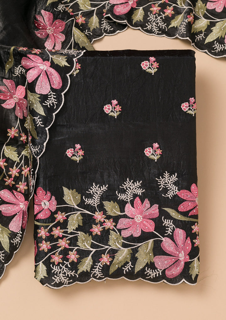 Koskii Black Georgette Salwar Suit – Unstitched with Vibrant Threadwork