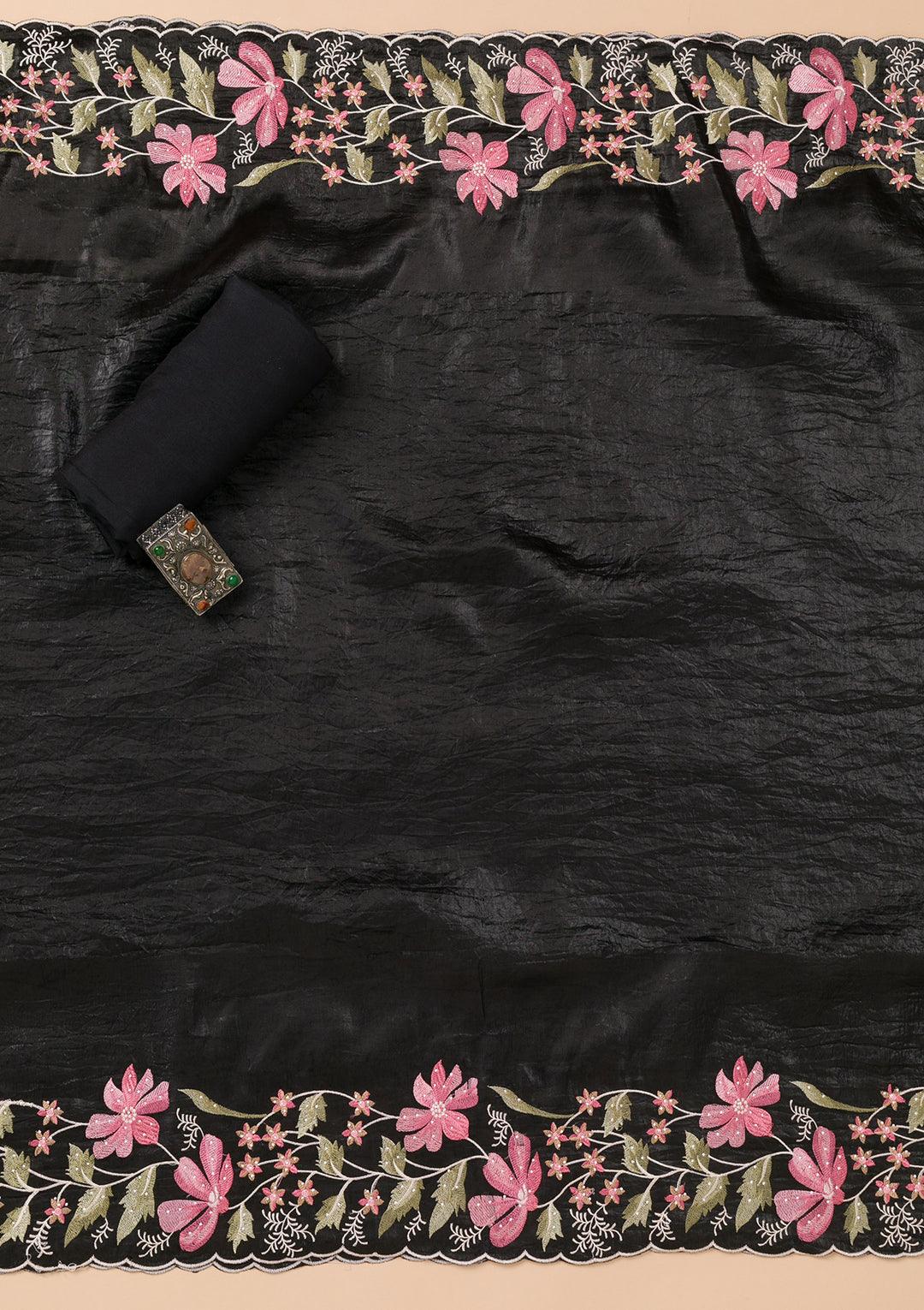 Koskii Black Georgette Salwar Suit – Unstitched with Vibrant Threadwork