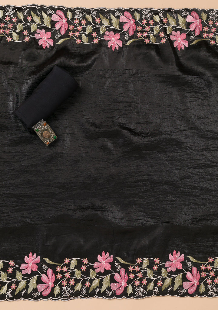 Koskii Black Georgette Salwar Suit – Unstitched with Vibrant Threadwork