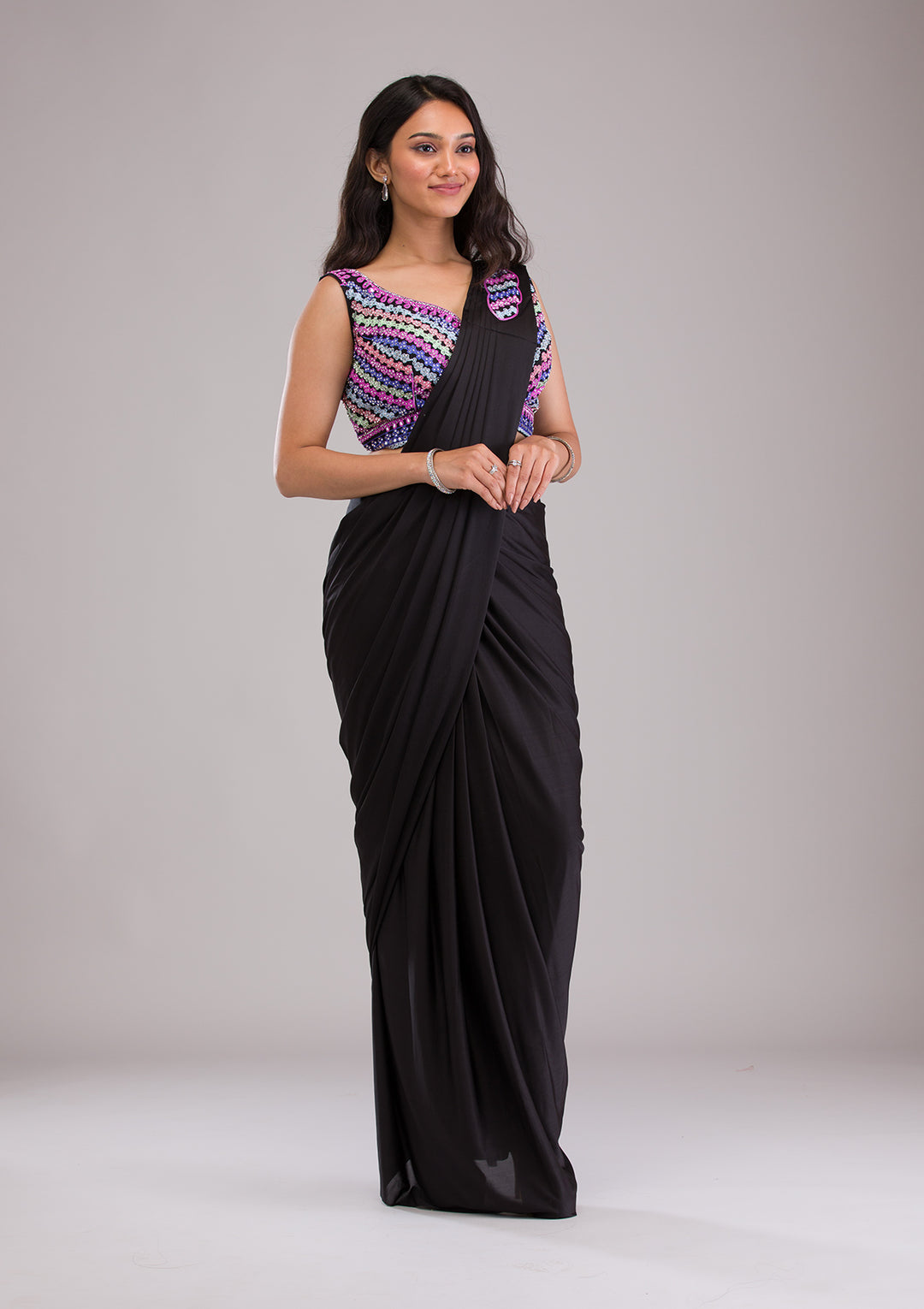 Black Threadwork Semi Crepe Saree