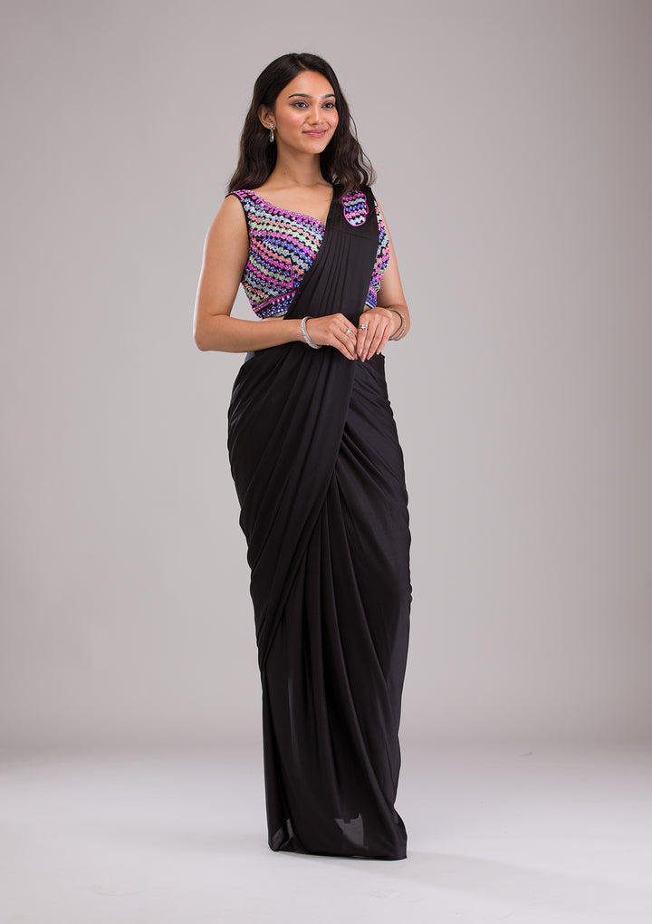 Black Threadwork Semi Crepe Saree