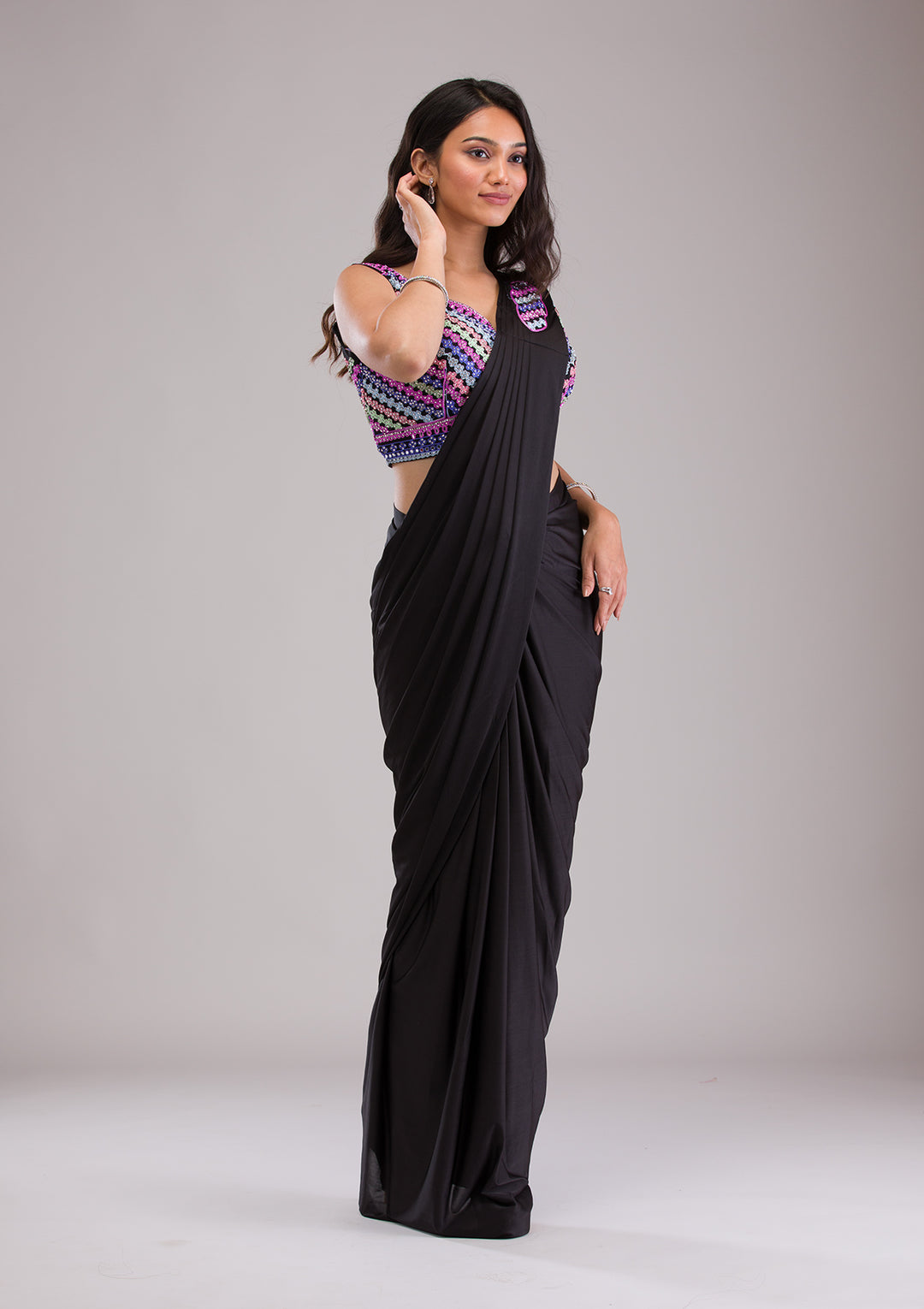 Black Threadwork Semi Crepe Saree
