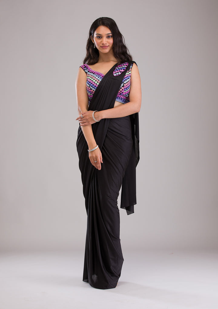 Black Threadwork Semi Crepe Saree