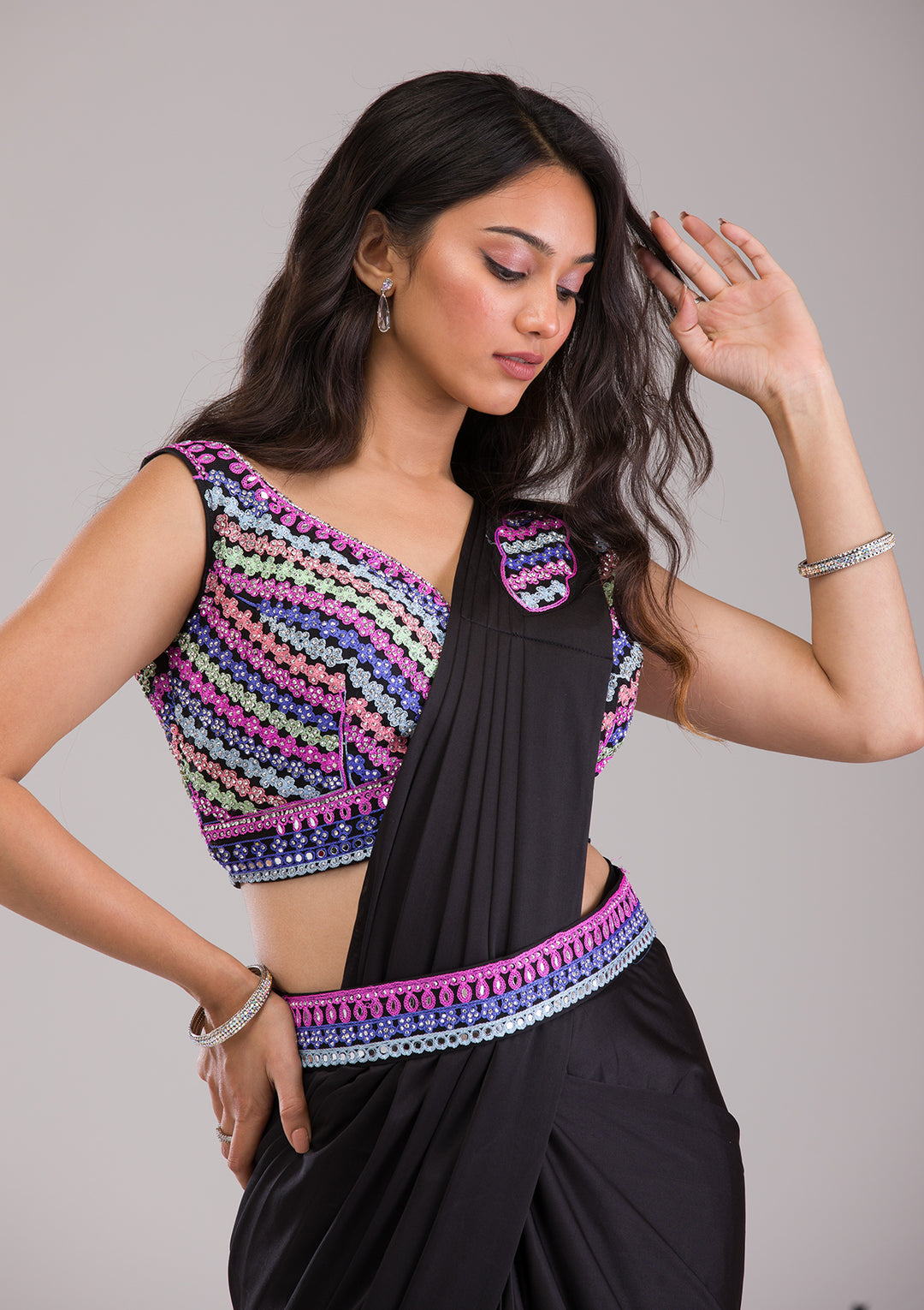 Black Threadwork Semi Crepe Saree