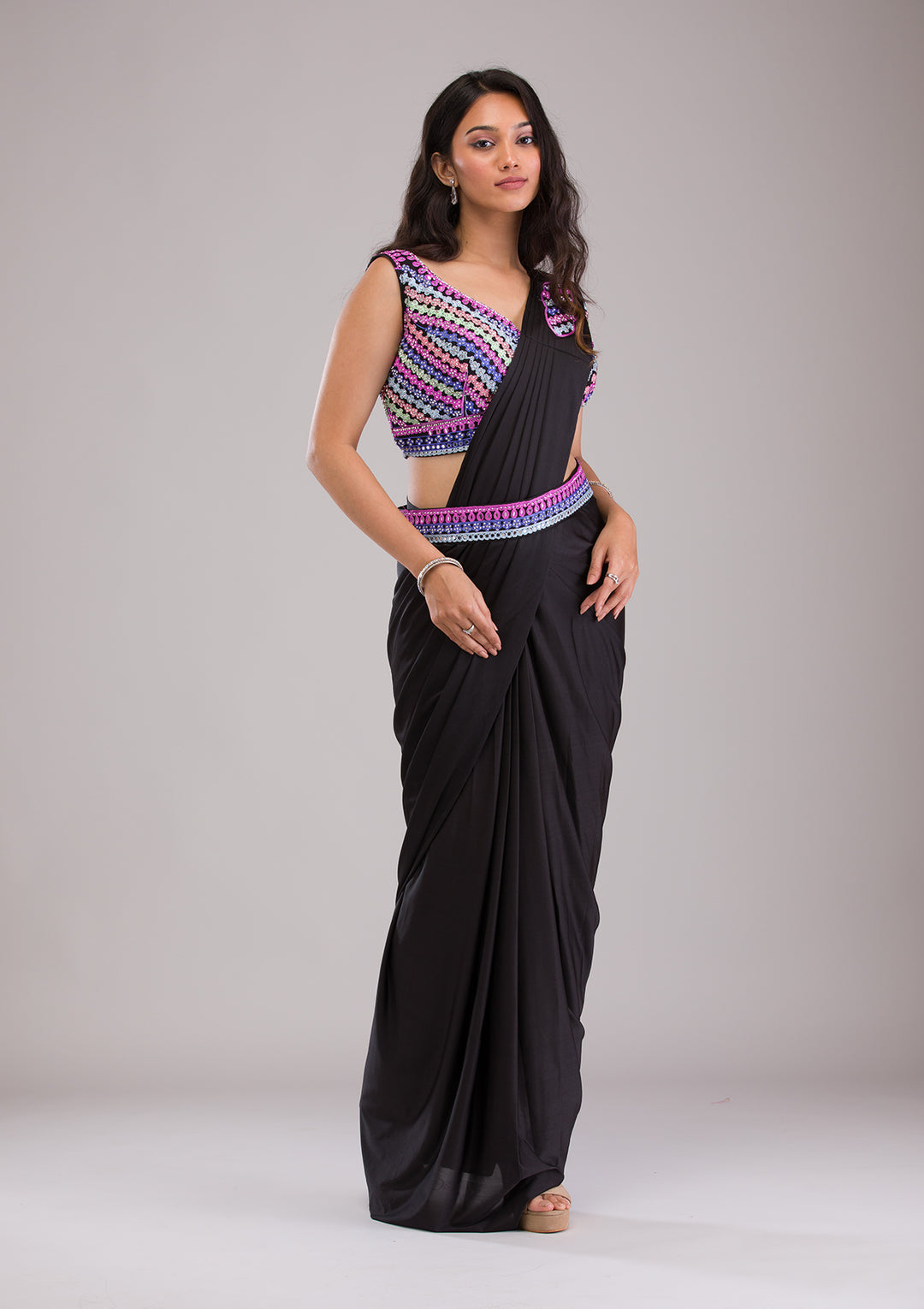 Black Threadwork Semi Crepe Saree