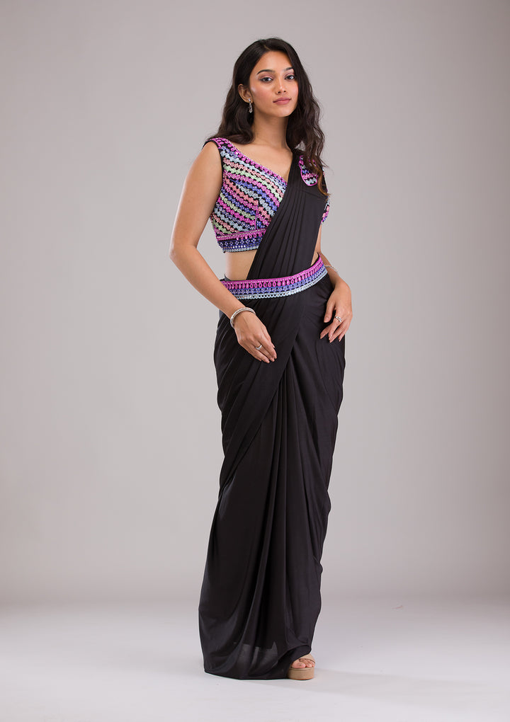 Black Threadwork Semi Crepe Saree