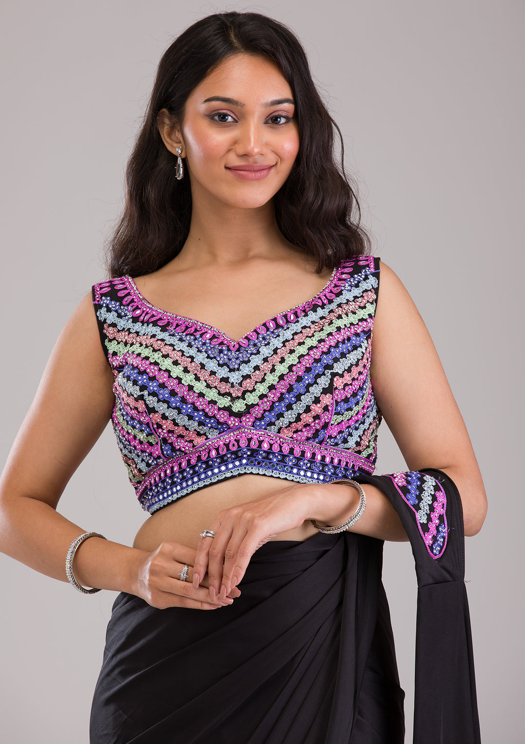 Black Threadwork Semi Crepe Saree