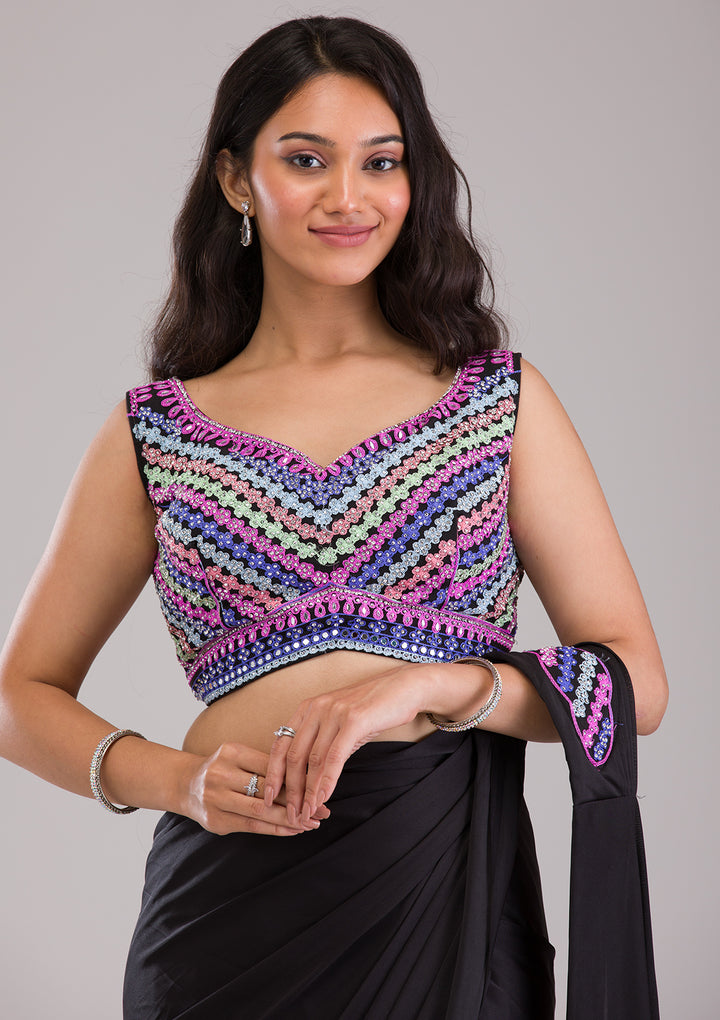 Black Threadwork Semi Crepe Saree