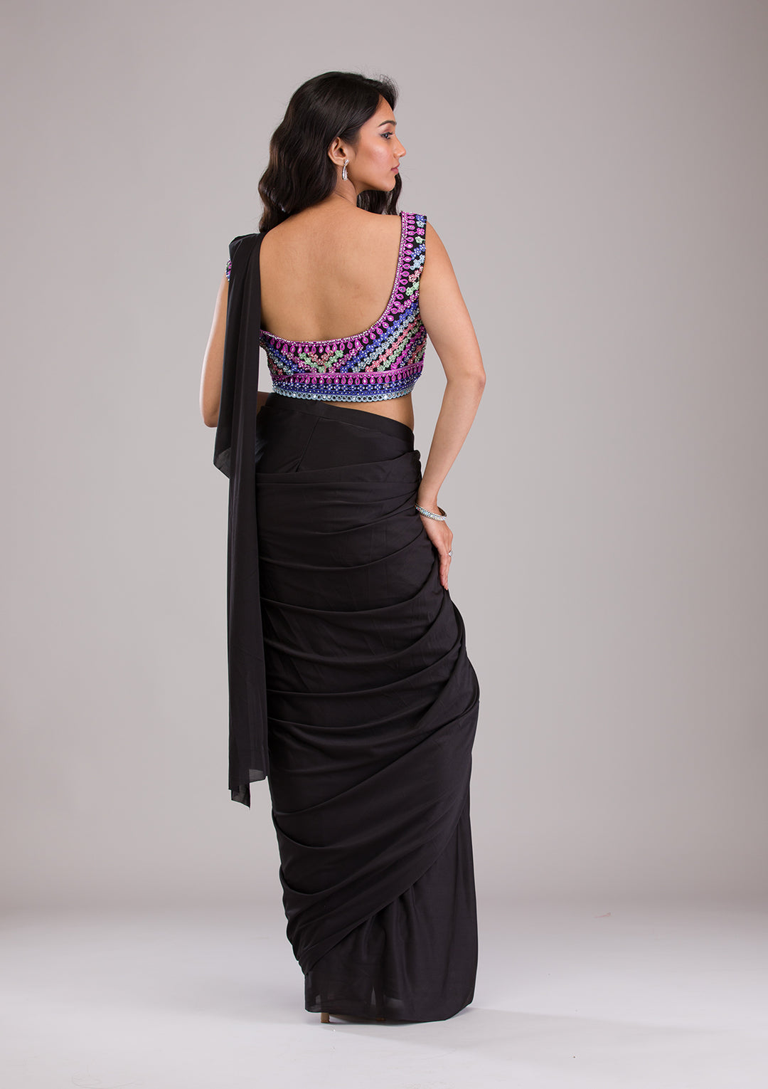 Black Threadwork Semi Crepe Saree