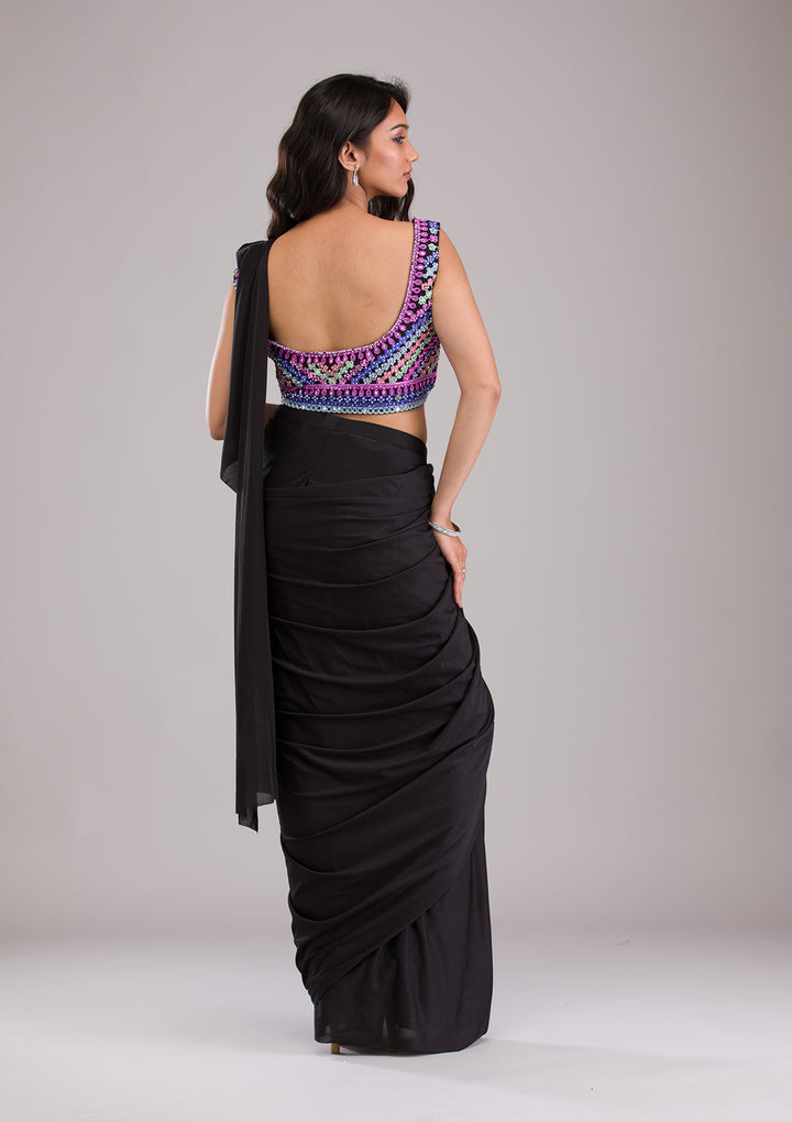 Black Threadwork Semi Crepe Saree