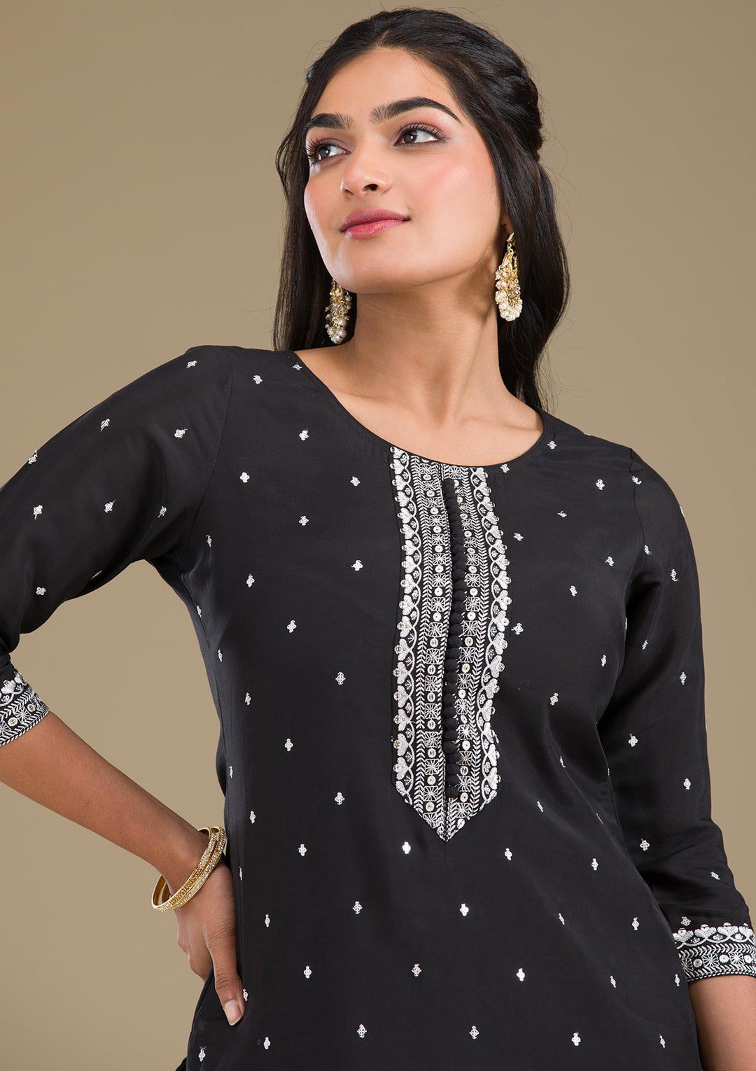 Black Threadwork Semi Crepe Readymade Salwar Suit