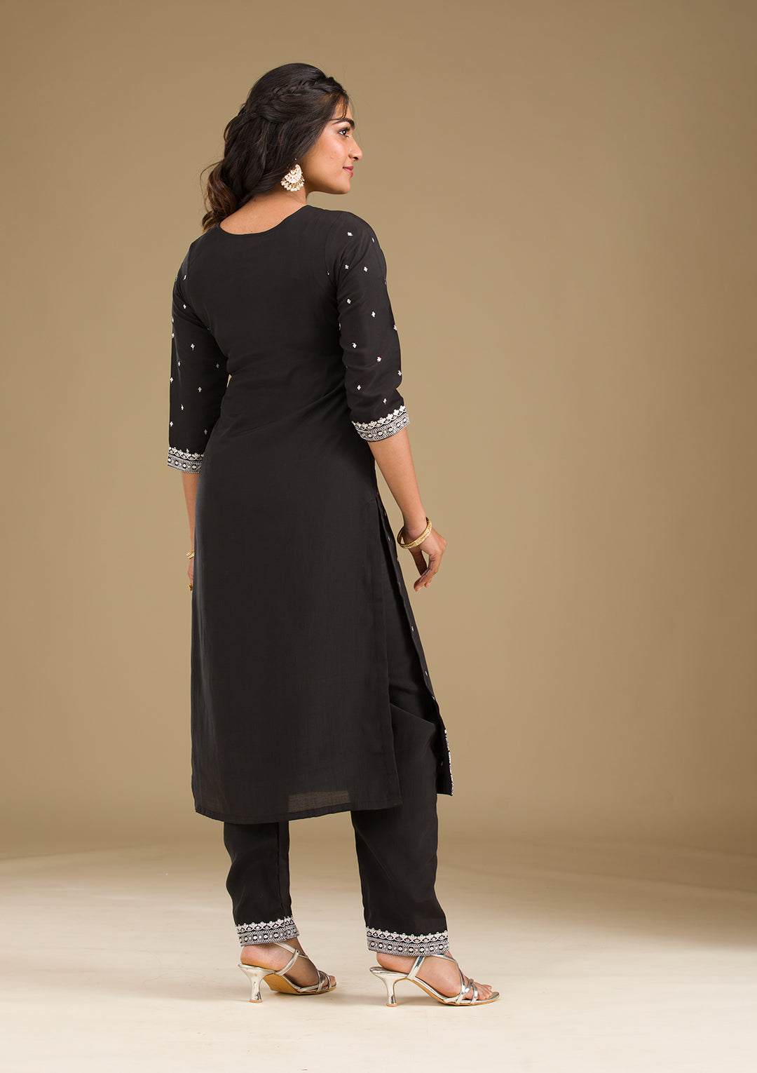Black Threadwork Semi Crepe Readymade Salwar Suit