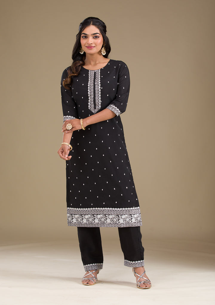 Black Threadwork Semi Crepe Readymade Salwar Suit