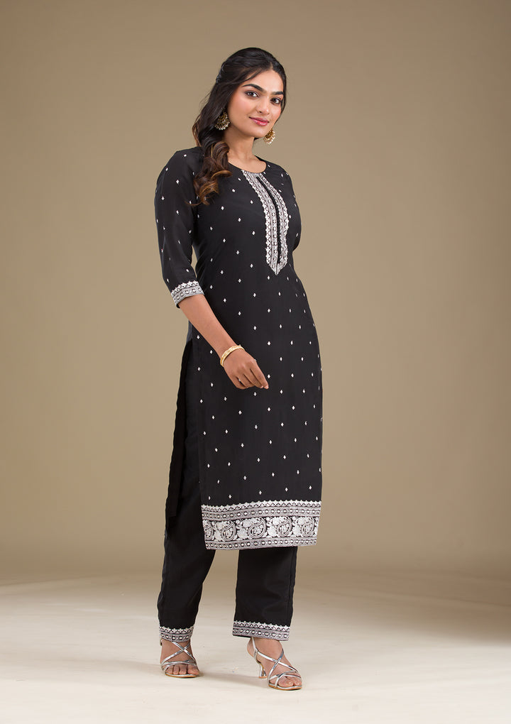 Black Threadwork Semi Crepe Readymade Salwar Suit